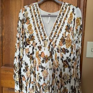 Free People cream, gold, green rose print maxi dress, size L